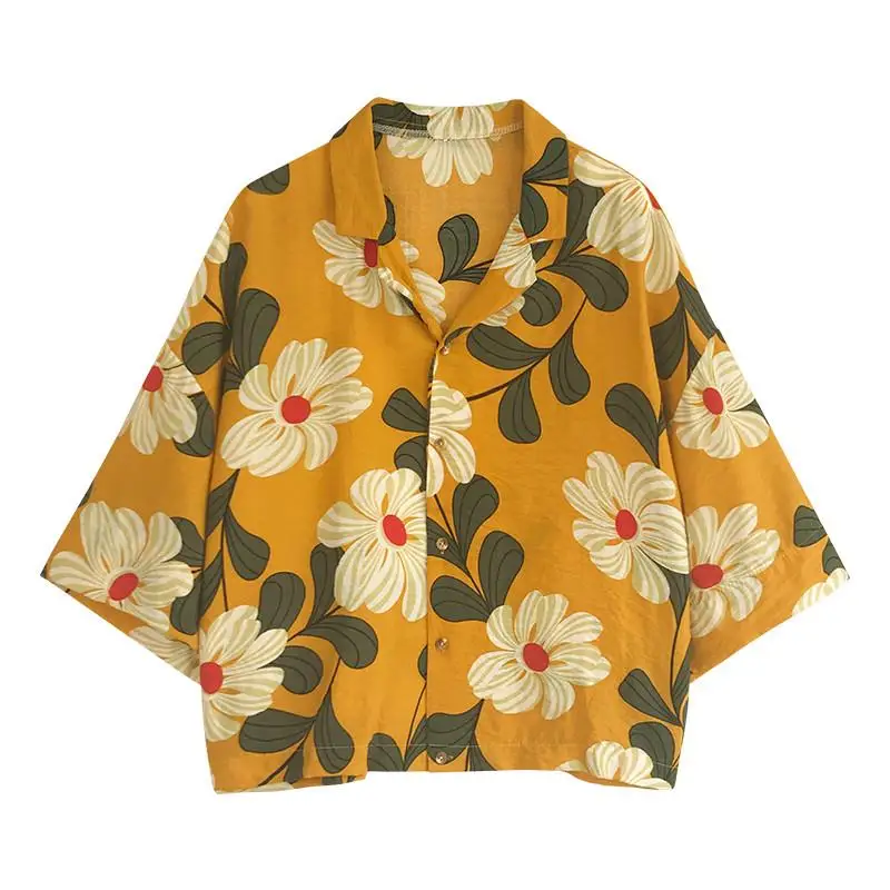 

Summer retro floral shirt woman three-quarter sleeve bottoming shirt loose Korean student fashion casual shirt