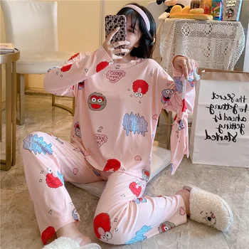 

XIZOU Lady Pajamas Spring Autumn Cotton Long Sleeves With Trousers Pajamas Set Leisure Home Daily Bathing Pajamas Two-Piece Set