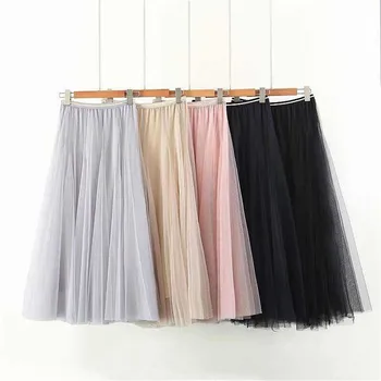 

Skirts for women 2020 New Korean Wild Thin Double Mesh High Waist Large Swing Pleated Skirt Promotions Lady long skirt for girls