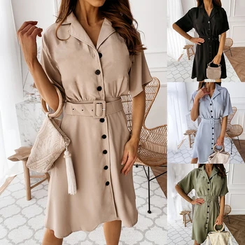 

Vintage elagant women mini shirt dress Casual short sleeves short dress Turndown collar women lapel neck dress v-neck