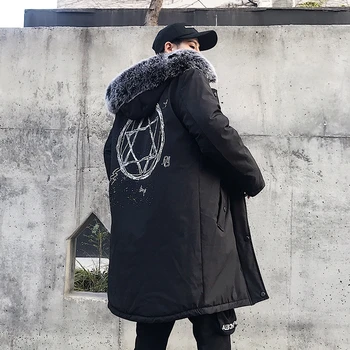 

Winter Print Parka Hip Hop Fashion Long Fur Collar Cotton Jacket Hoodies Clothing Street Wear Outerwear & Coat Warm Thick