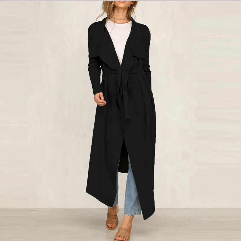 Женские демисезонные ветровки, женский длинный Тренч, приталенное пальто, модная женская черная одежда в британском стиле,, уличная одежда - Цвет: Черный