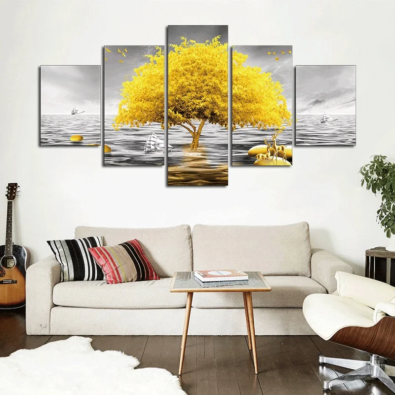 No Framed Abstract Decoration Tree Posters Modular Picture on Canvas 5 Pieces Luxury Modern Printed Painting Wall Art Home Decor | Дом и сад