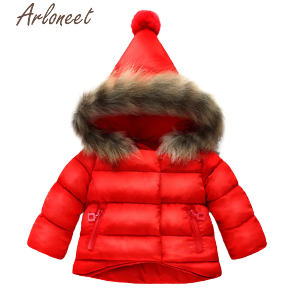 ARLONEET/пальто; пальто с меховым капюшоном для маленьких девочек; длинный пуховик для мальчиков; свободная верхняя одежда на молнии с помпонами; детская парка; зимняя верхняя одежда - Цвет: Красный