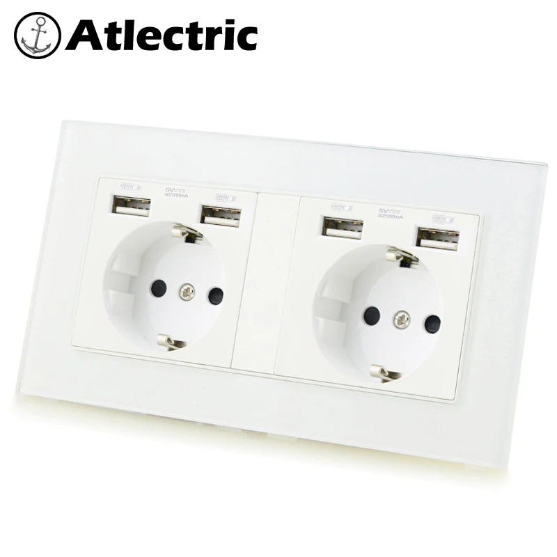 Atlectric DE EU RU розетка, двойная розетка с 2 usb-портами, адаптер питания, стеклянная панель, розетка, двойная розетка 146 мм* 86 мм переходник usb,разетка с usb для дома,розетки