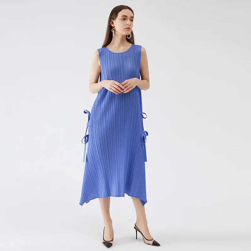 

2021 Summer New Korean Irregular Split Solid Color Dress With Lace Up Waist To Show Thin Long Dress