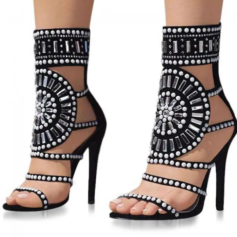 

Women Fashion Open Toe Rhinestone Design High Heel Sandals Crystal Ankle Wrap Glitter Diamond Gladiator Black Size 35-40