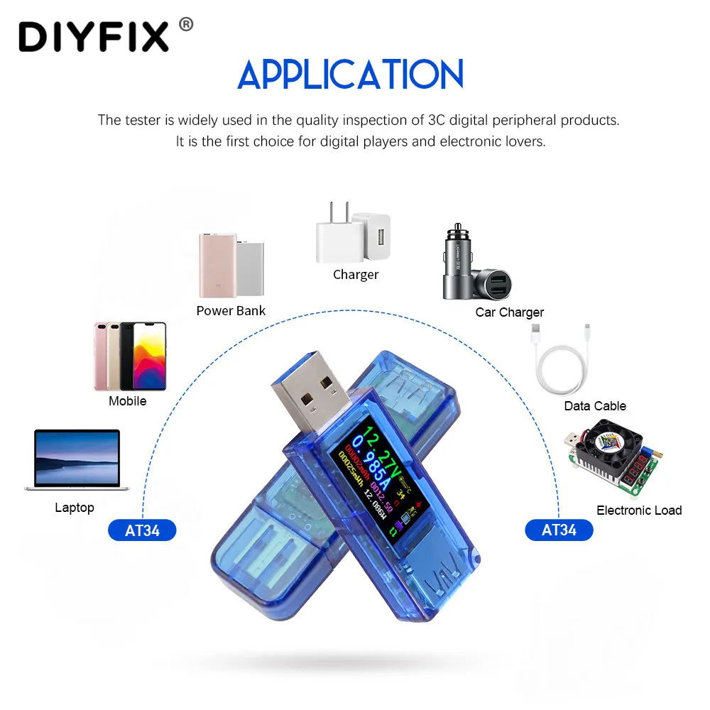 DIYFIX USB 3,0 тестер HD цветной ЖК-Вольтметр Амперметр измеритель напряжения тока мультиметр батарея Зарядка power Bank AT34 USB Тестер