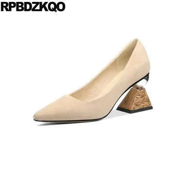 

2019 ladies high heels block slip on genuine leather pointed toe medium nude thick luxury pumps fashion shoes brand 3 inch suede
