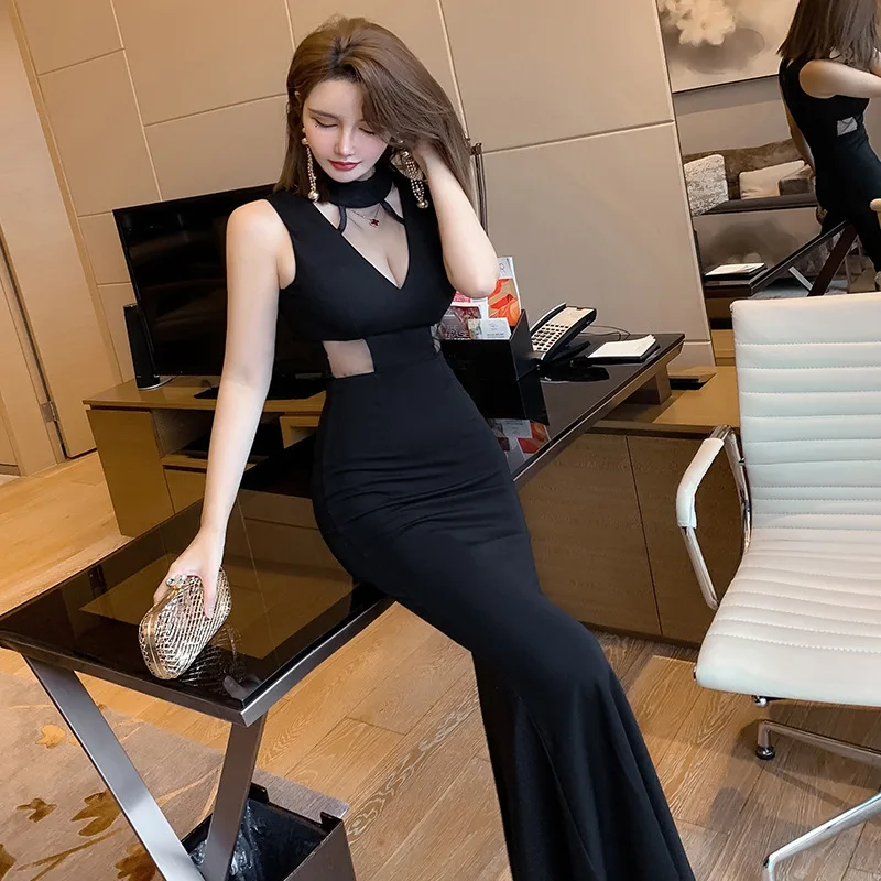 

Sexy Deep V-Neck Cocktail Dresses Solid Color Slim Ankle-Length Sleeveless Party Gowns Hollow Out Lllusion Mermaid Empire Dress