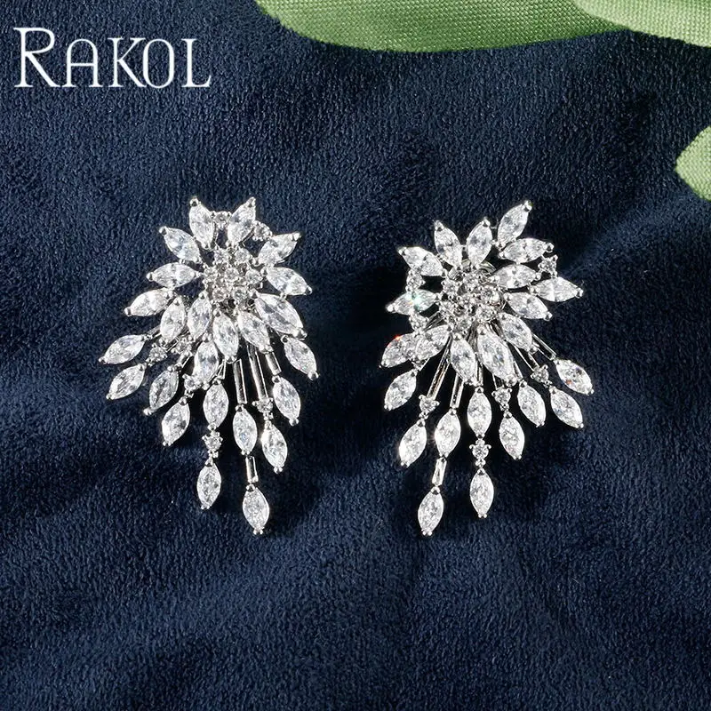 white Color RAKOL Новая женская индивидуальность AAA блестящие капли воды кубического циркония цветок серьги элегантные невесты Вечерние ювелирные изделия RE5445K - Окраска металла: white Color