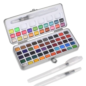 

72 Colors Solid Watercolor Paint Set Glitter Metallic Neon Color Pigment Portable Travel Case for Beginners with 3 Water Brush