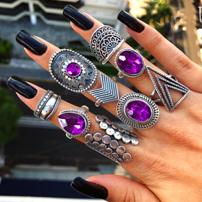 

Tocona 9pcs/set Punk Silver Big Crystal Gem Stone Carved Flower Rings Set for Women Vintage Boho Gothic Jewelry Anillos 8261