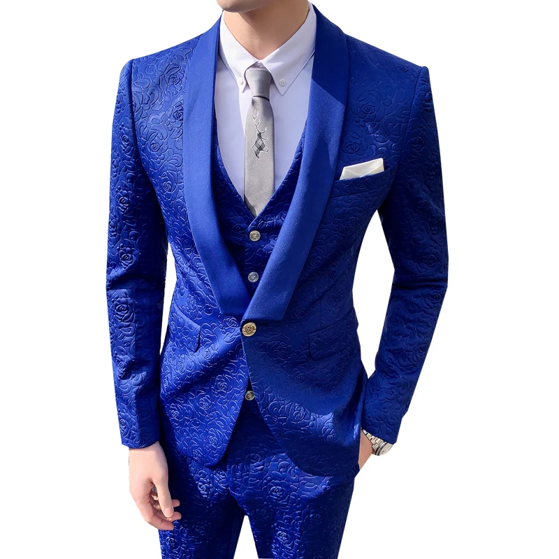 

Groom Wedding Dress Suits Rose Embossed Suit Three-Piece Jacket Vest Pants Luxury British Style Design Fashion Slim Blazer