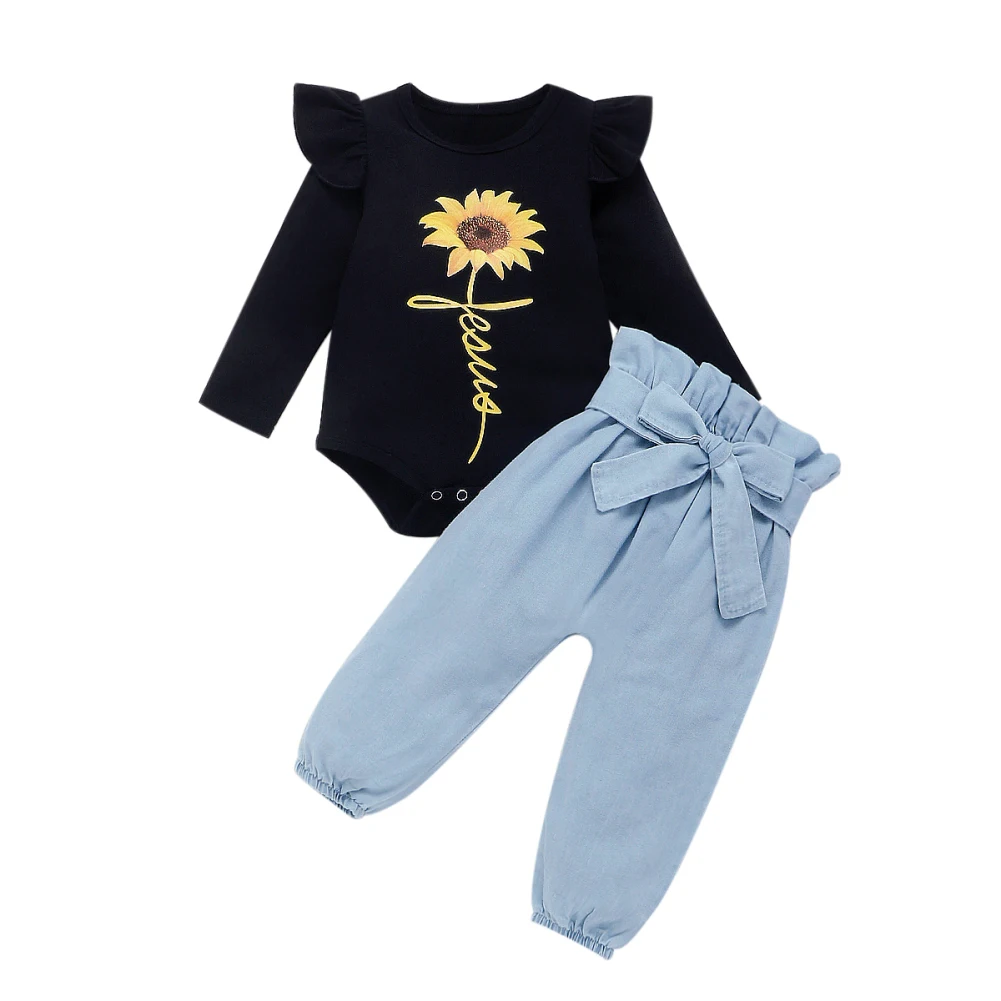 Осенняя одежда Одежда для новорожденных девочек Комбинезон с подсолнухом+ джинсовые штаны с бантом, комплект одежды для детей от 0 до 24 месяцев
