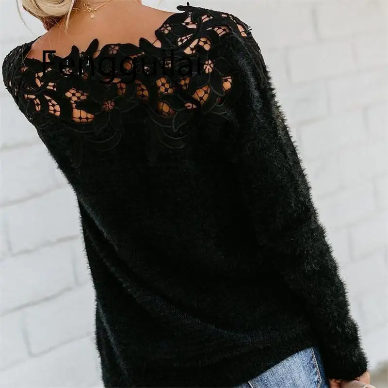 FENGGUILAI Sexy Black Lace Women Hollow Sweaters Long Sleeve Pullover Tops Sweater Ladies O Neck Jumper Hollow Out Knitwear FENGGUILAI Sexy Black Lace Women Hollow Sweaters Long Sleeve Pullover Tops Sweater Ladies O Neck Jumper Hollow Out Knitwear