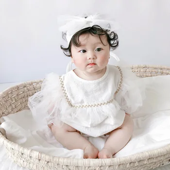 

Baby Bodysuit Summer 2020 Mesh Sweet Bodysuit Baby Girl Kids Clothes Princess bodysuit Bubble Sleeve Bow Jumpsuit