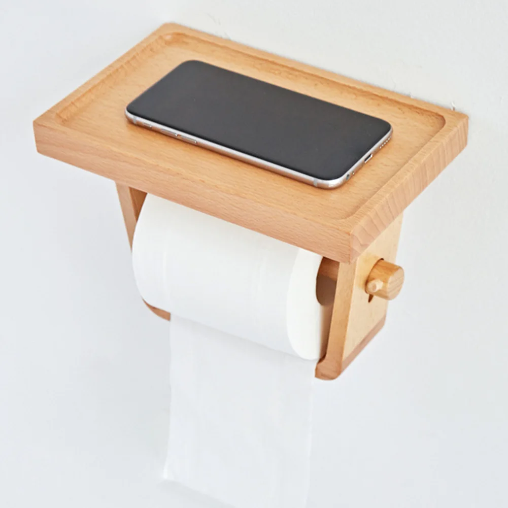 

Wooden Simple Bathroom Storage Mobile Phone Decorative Home Roll Paper Holder Wall Mounted Toilet Accessories Shelf Hotel Tissue