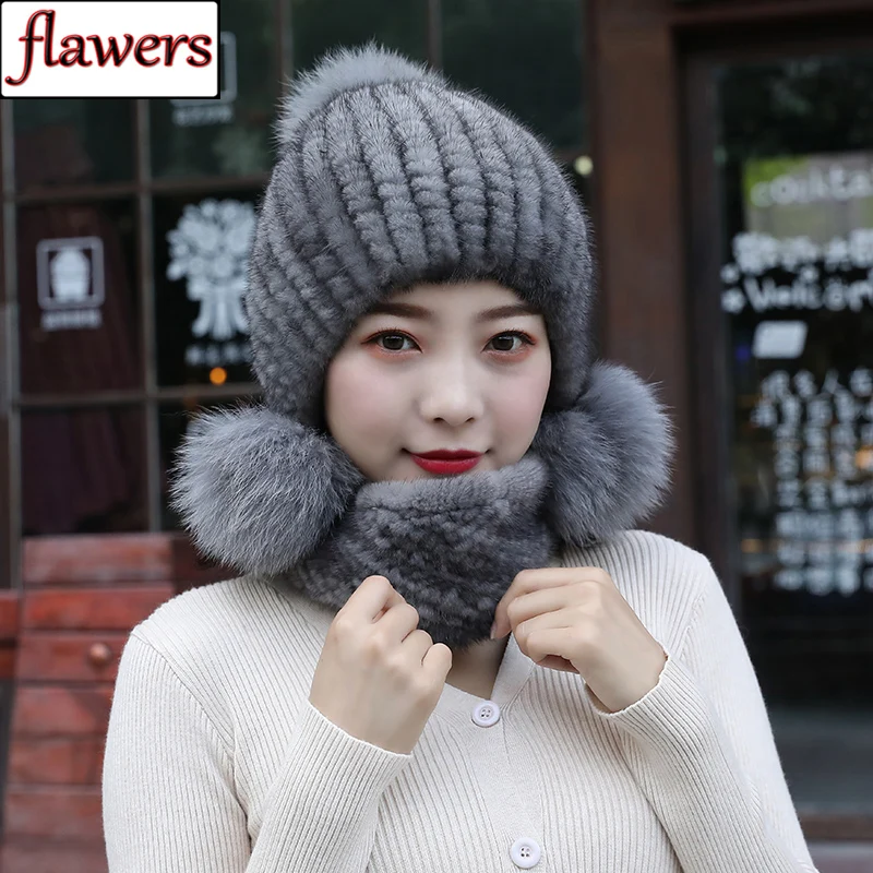 

New Arrival Winter Warm Real Mink Fur Scarves Hats Sets Women Hand Knitted Real Fur Hat Scarf Women Good Elastic Fur Hat Muffle