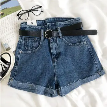 

Retro Korean high waist loose denim shorts （with belt）