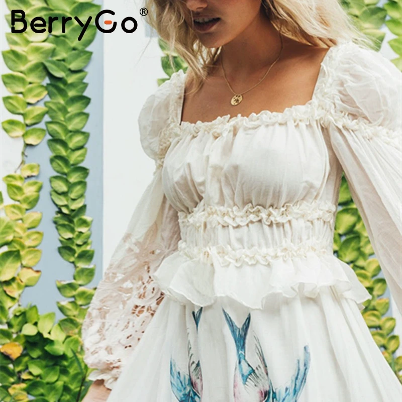 BerryGo винтажная белая хлопковая блузка Женская Осенняя блузка с рукавами-фонариками и вырезами кружевные короткие блузки с оборками для дам