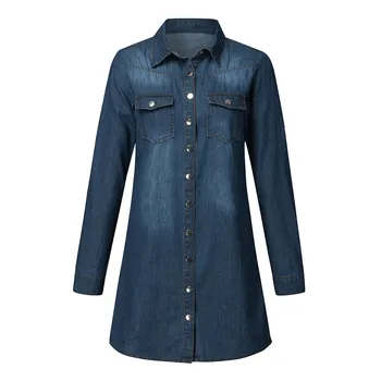 

Autumn Fashion Women Denim Turn Down Collar Mini Dress Lapel Long Tops Shirt Lady Long Sleeve Holiday Mini Dress S-xl#J31