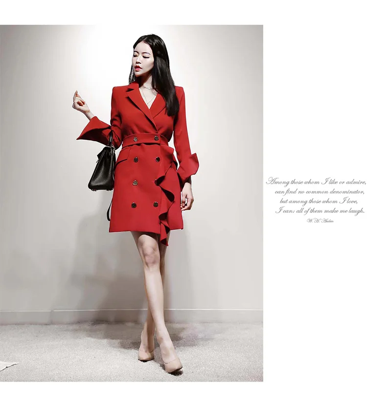 Autumn Notched Double Breasted Slim Ruffles Pencil Office Cloth Outerwear High Waist Red Women OL Blazer Coat