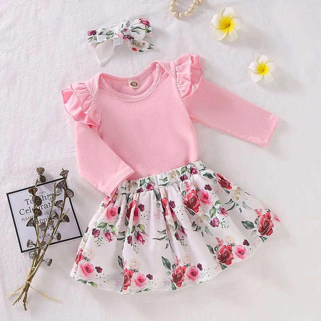 

Girls Winter Warm Coat Fashion Baby Girl Clothes Autumn Toddler Fly Sleeve Romper+ Floral Print Skirt+Headbands Clothes Set W905
