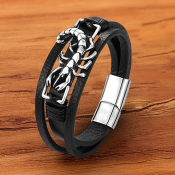 Handmade Charm Punk Rope Metal Stainless Steel Genuine Leather Men Bracelets Animal Shrimp Magnetic Clasp Black Jewelry
