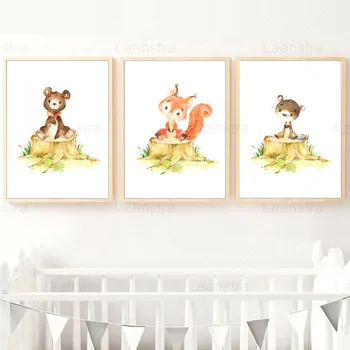 

Cute Animal Cartoon Children's Room Decoration Painting Fox Cubs Rabbit Living Room Canvas Painting Home Decoration Kids Room