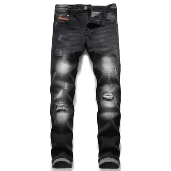 

Fashion Brand European Italy Style jeans pants Men slim jeans zipper straight jeans pants gentleman black hole jeans for men