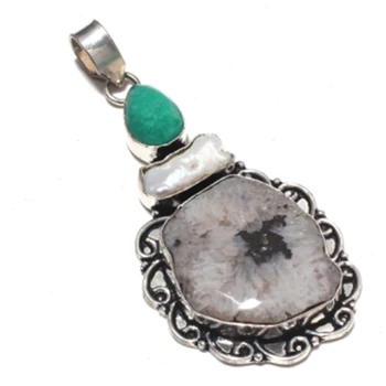 

Genuine Solar Quartz + Emerald + Biwa Pearl Pendant Silver Overlay over Copper , Hand made Women Jewelry gift, P8525