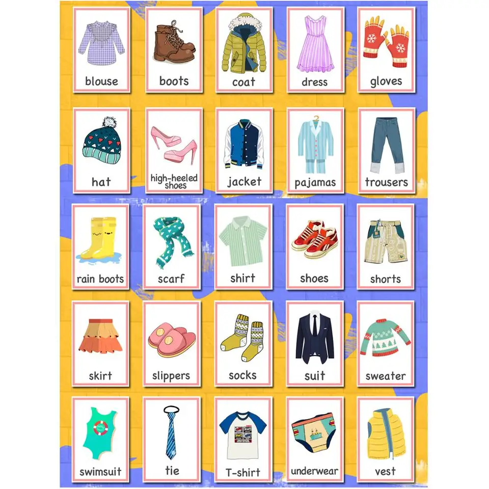 25pcs English Flash Cards For Children Clothes Word Cards Baby