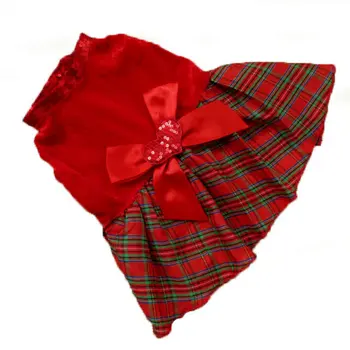 

Dog Cat Dresses Christmas Princess Party Red Sequins Dress Clothes Pet Dog Plaid Bow Apparel