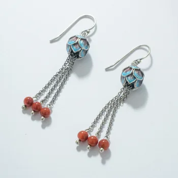 

S925 Silver Women's Enamel Grilled Blue Earrings Long Tassels Ear Hook Flower Cheongsam han dynasty Clothing