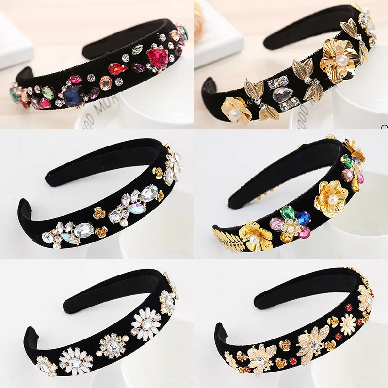 

Women Retro Style Baroque Diamond Hair Hoop Crystal Rhinestone Hairband Velvet Wide Edge Bezel Hair Ornaments Headwear Wholesale
