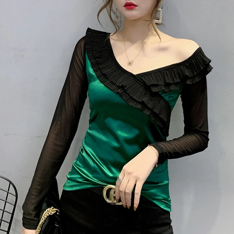 

2020 New Spring Autumn Korean Clothes Sexy Patchwork Mesh Ruffles T-shirt Women Tops Ropa Mujer Bottoming Shirt Slim Tees T9D008