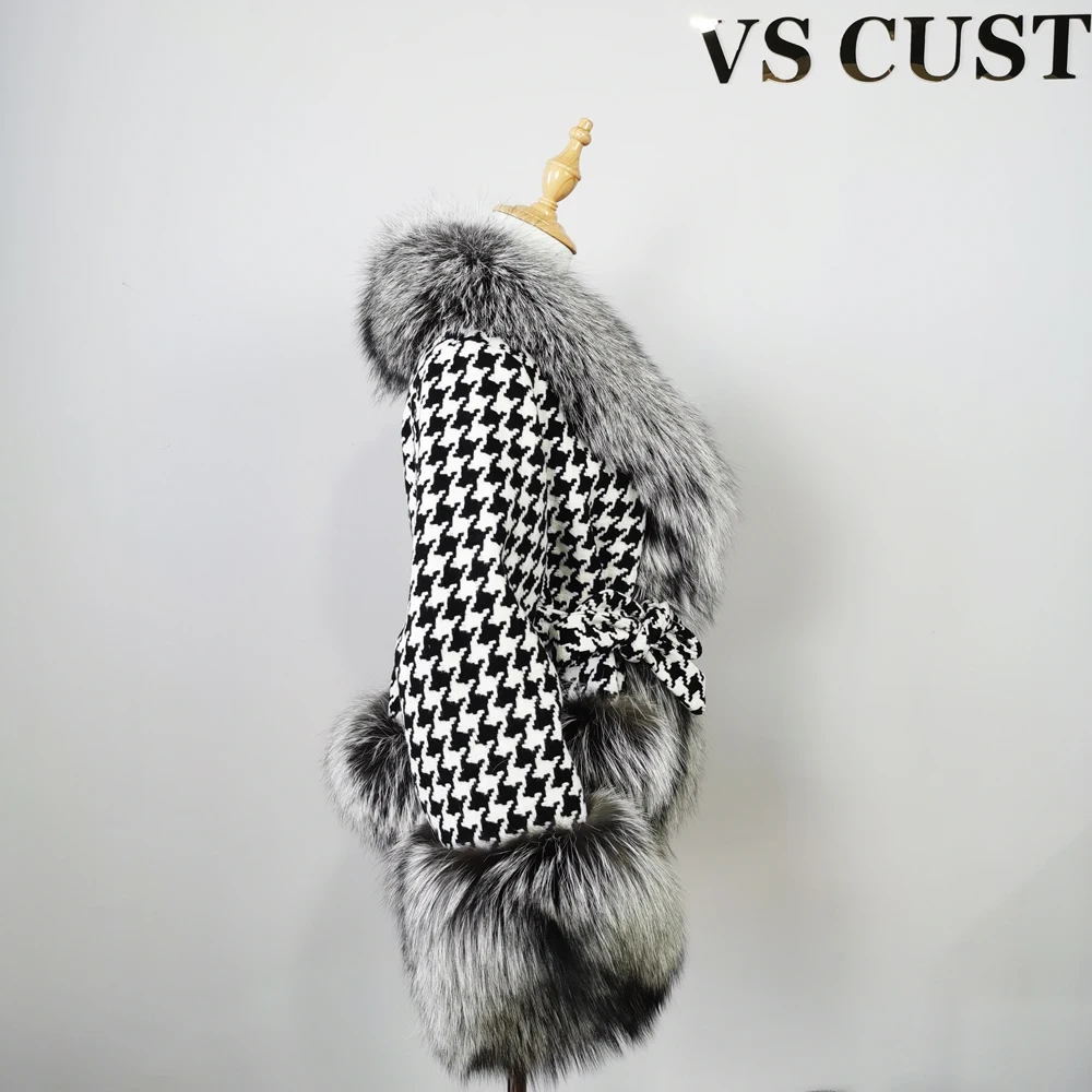 maxi puffer coat VISI HOP VS4301 Luxury Wool Coat Winter Fashion Lattice Real Fox Fur Houndstooth Thick Warm Fluffy Outerwear Jacket long bubble coat