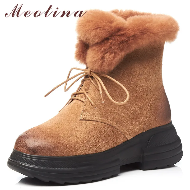

Meotina Real Fur Snow Boots Women Natural Genuine Leather Flat Platform Ankle Boots Warm Wool Lace Up Shoes Lady Winter Size 39