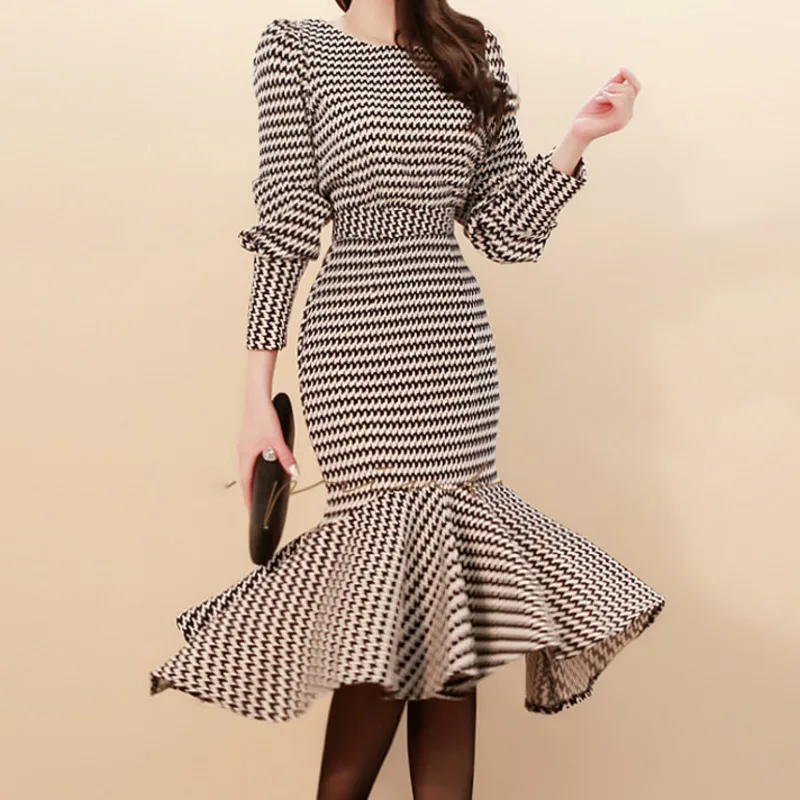 

Fall Autumn Houndstooth 2 Piece Sets Womens Outfits Korean Puff Sleeve Top & Bodycon Mermaid Skirt Suits OL Female Two Piece Set