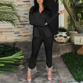 

Women Professional Casual Shoulder Tassel Black White Top Pant Color Suit Set female Tracksuit Sport Suit treino mulher 10.16