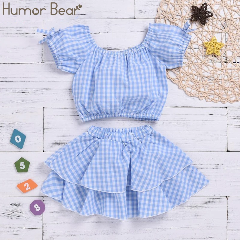 

Humor Bear Summer Baby Girls Clothes One-Shoulder Blue White Plaid Short-Sleeved +Shorts 2Pcs Clothing Sets Children Clothes