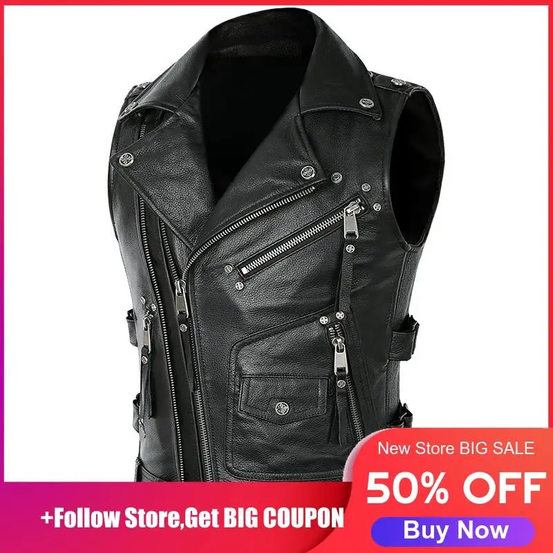 

2020 Black Men American Style Bikers Leather Vest Plus Size XXXXL Genuine Cowhide Spring Slim Fit Short Motorcycle Leather Vest