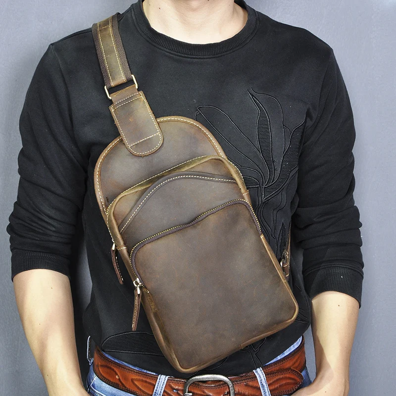 New Crazy horse Leather men Casual Fashion Travel Daypack Chest Sling Bag Design One Shoulder Strap Crossbody Bag Male 9977-d