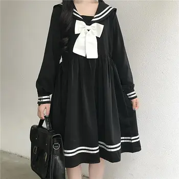 HOUZHOU-vestido Lolita negro para mujer, ropa holgada de retales, estilo japonés Preppy, cuello de marinero, Kawaii, manga larga, Jk Girl 1