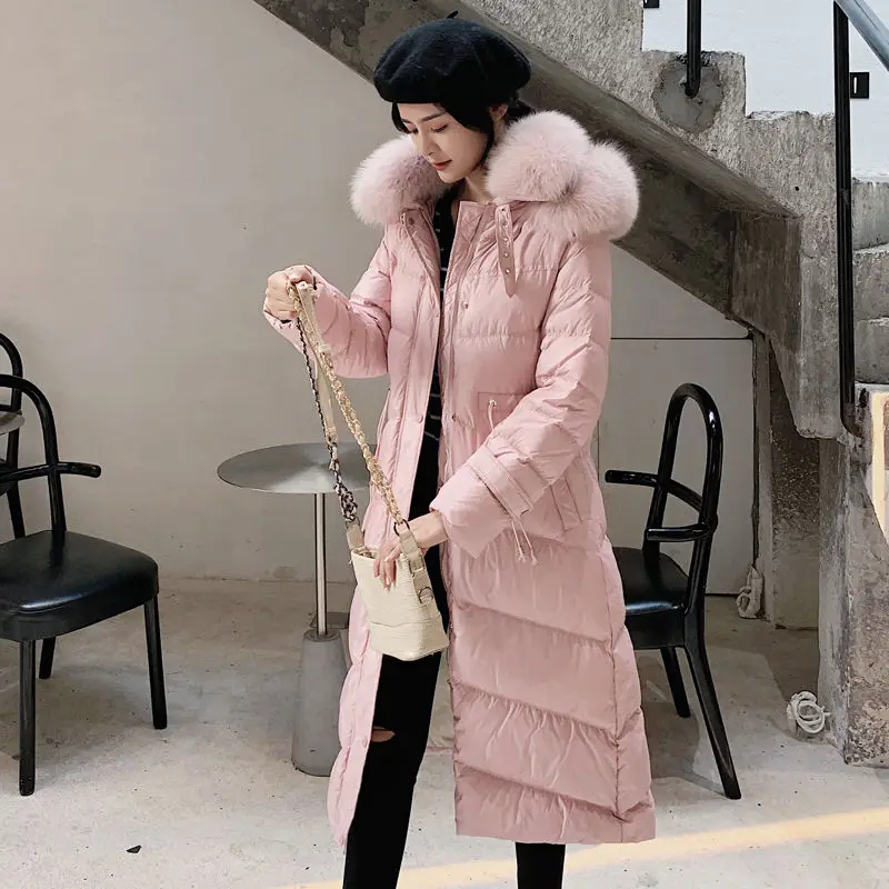 pink parkas Женский пуховик с регулируемой талией, пальто с капюшоном, искусственный двойной воротник из лисьего меха, парка, куртка, плотная теплая Длинная зимняя куртка C5953 - Цвет: pink parkas