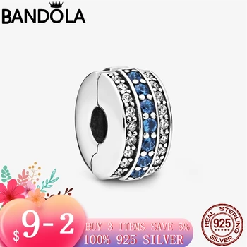 

New 925 Sterling Silver Blue and transparent Pavé fixing clip Beads Bracelet Fit Original Pandora Bracelet DIY Jewelry For Women