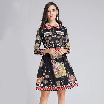 

VERDEJULIAY Vintage Women Dress 2020 Fashion New Full Sleeve Beading Turn-Down Collar Flower Print Knee-Length Black Dress