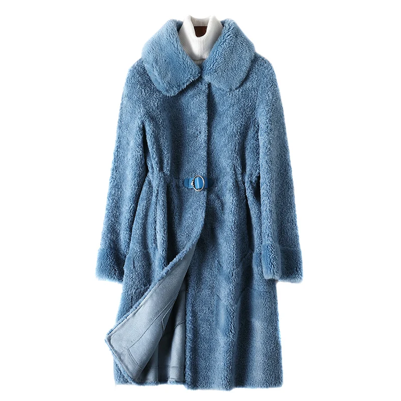 Blue Новинка, стрижка овец, настоящее меховое пальто для женщин, Осень-зима, шерсть, длинная куртка и куртки, манто для женщин, SGT-020, KJ3406 - Цвет: Blue