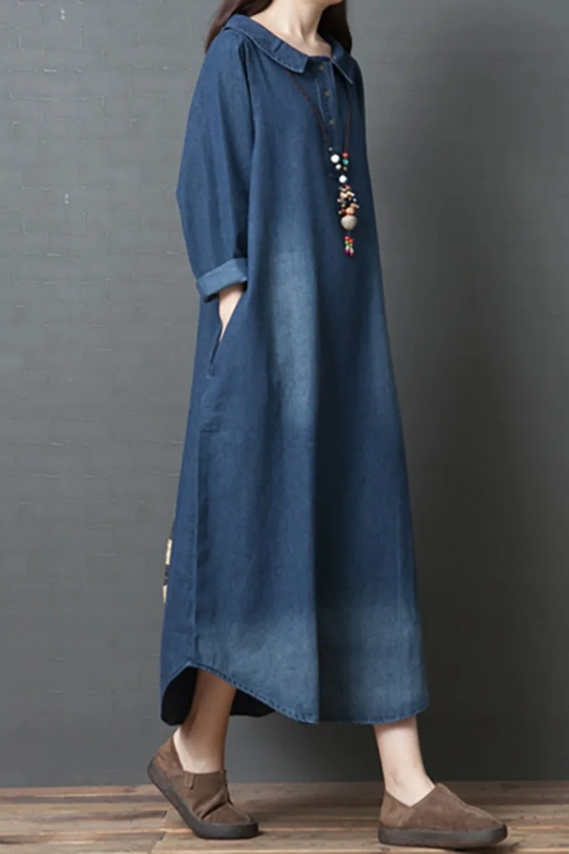 Spring New Denim Long Dress 2021 Loose Turn-down collar Long Sleeve Cotton Blue Dress